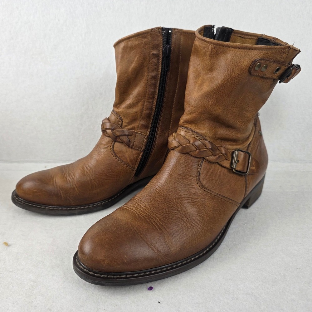 Paul Green Munchen Womens 9 Brown Leather Moto Ankle Boots Braided Buckle
